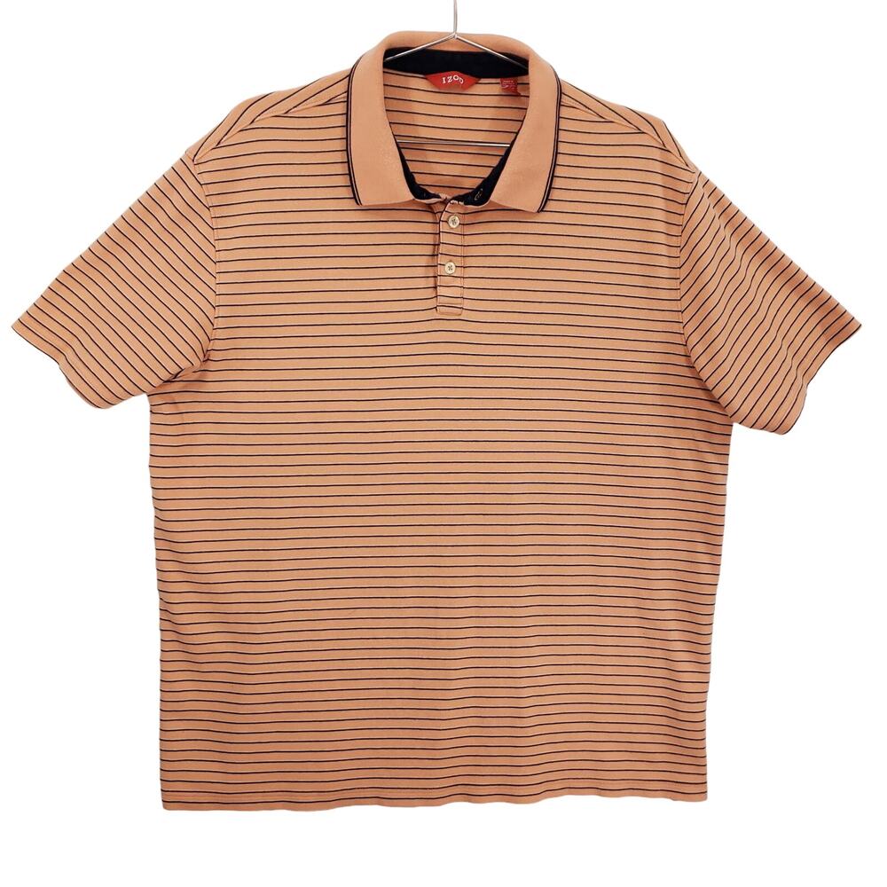 IZOD Polo Mens Extra Large Peach Navy Striped Short Sleeve Casual Preppy Shirt